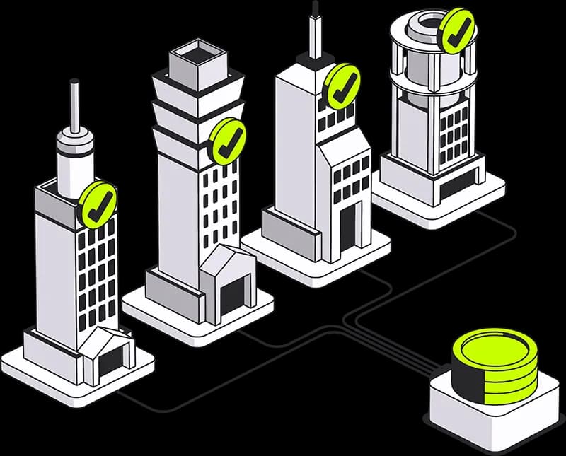 Ilustración isométrica de un distrito de edificios verificados y aprobados por cumplimiento, con camiones transportando pilas de stablecoins por las calles
