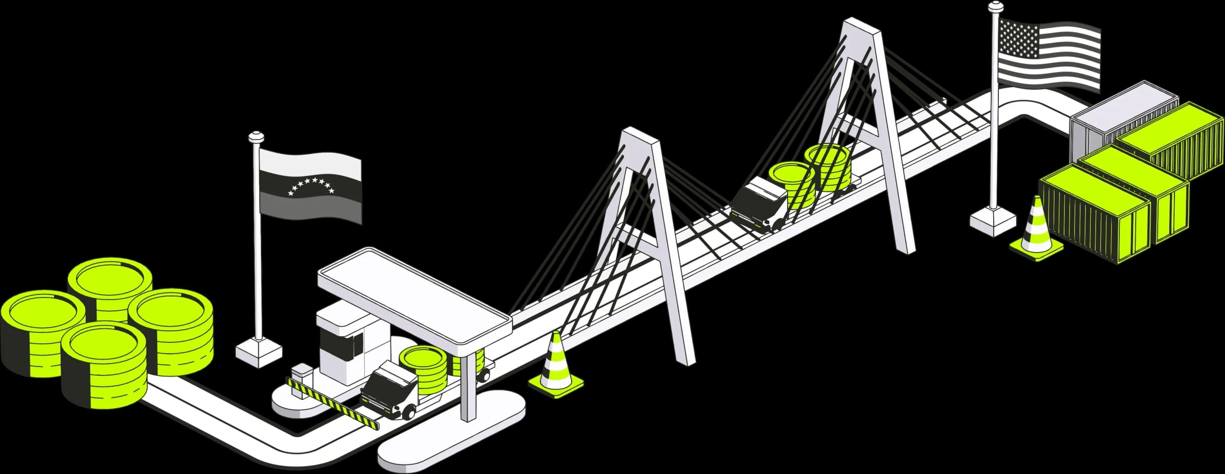 U.S.–Venezuela bridge with border checkpoint, coin stacks, and shipping containers