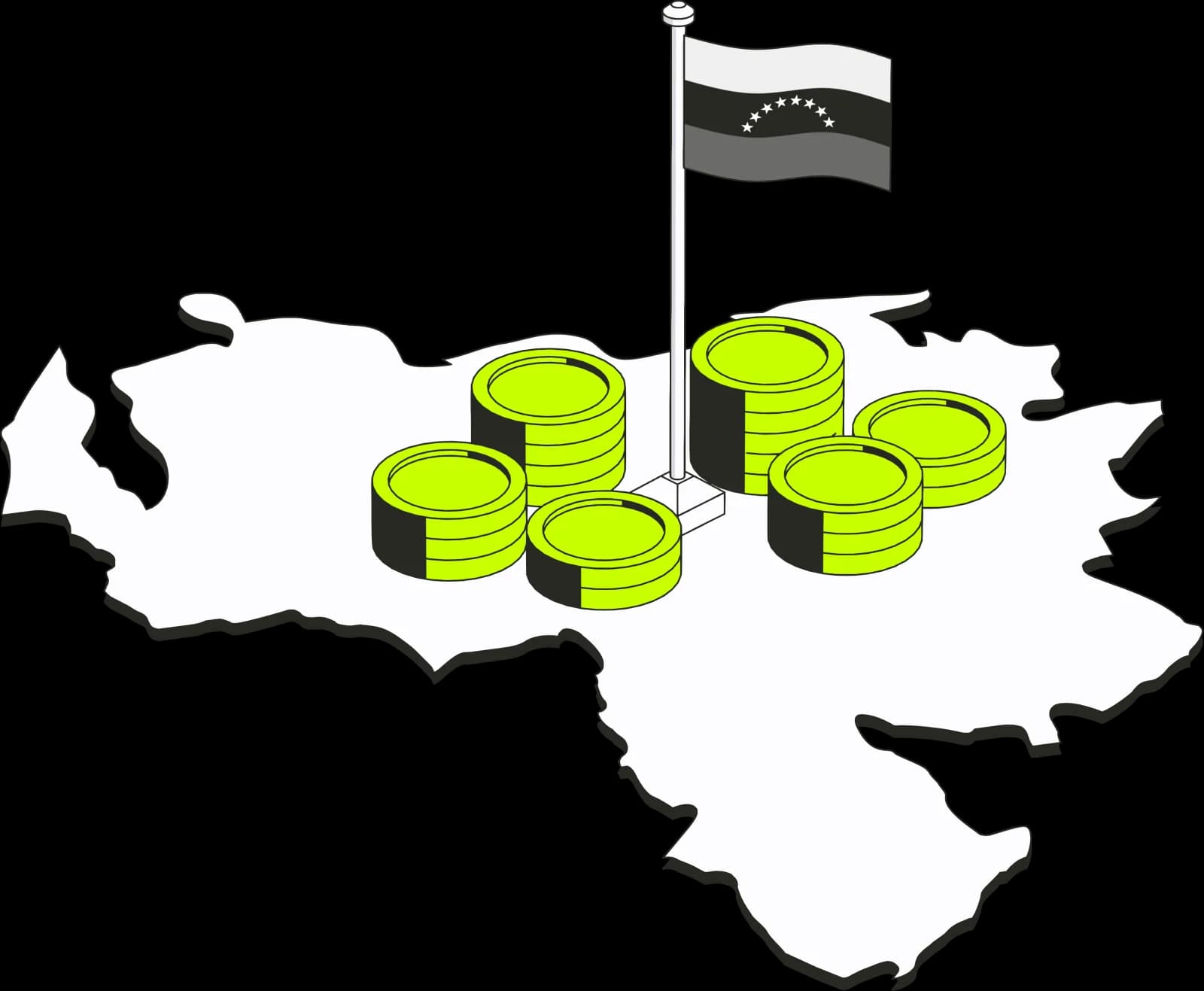 Illustration of coin stacks and the Venezuelan flag on a map of Venezuela