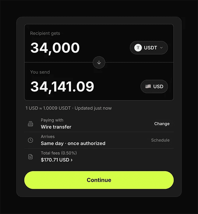 Pay an international counterparty as simply as sending a bank wire.